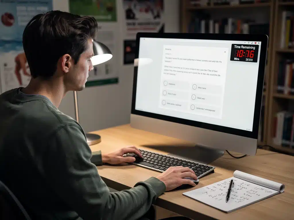 Persona realizando un examen de práctica GRE en una computadora, concentrada en las preguntas.