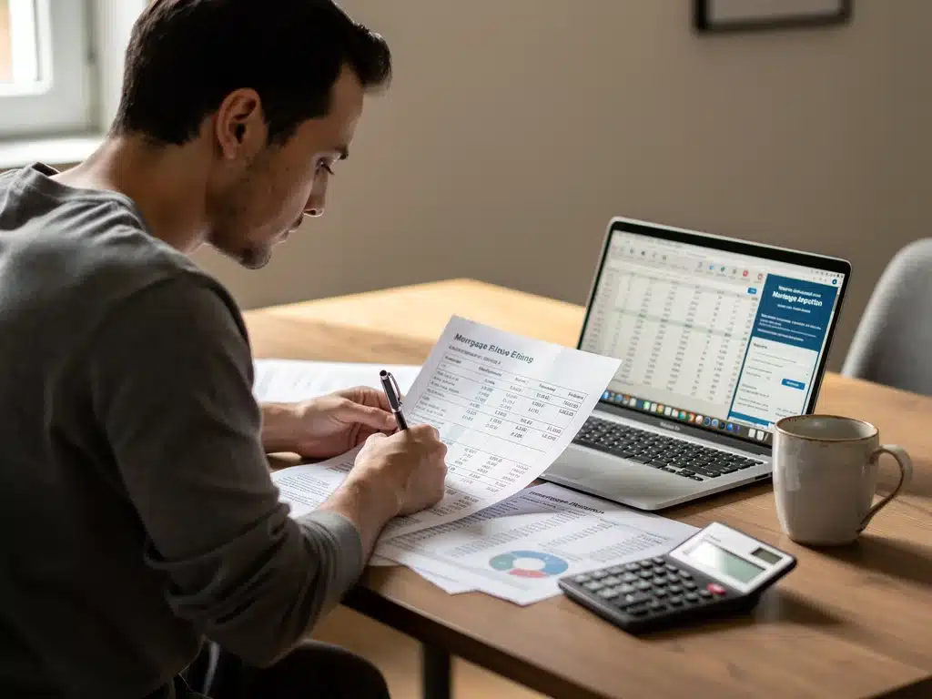 Persona revisando documentos financieros para la solicitud de un préstamo hipotecario, enfocada en la preparación.