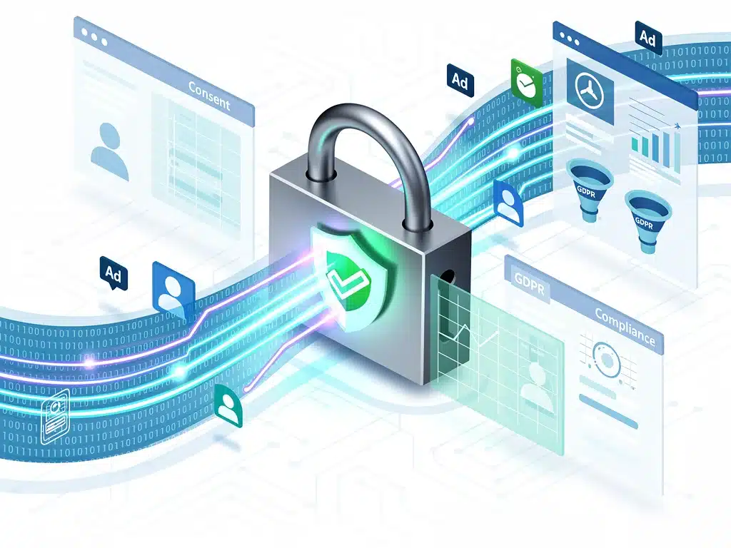 Ilustración de seguridad de datos y privacidad en campañas de afiliados bajo nuevas regulaciones.