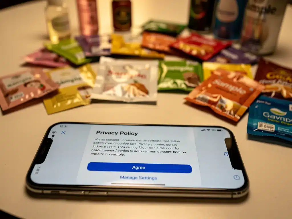 Pantalla de smartphone con política de privacidad, muestras de productos gratuitas en el fondo, ilustrando la intersección de la privacidad de datos y el muestreo de productos.