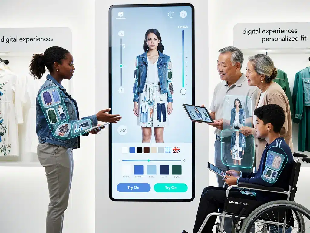 Grupo de consumidores usando probadores virtuales de ropa, mostrando el futuro de las muestras digitales.