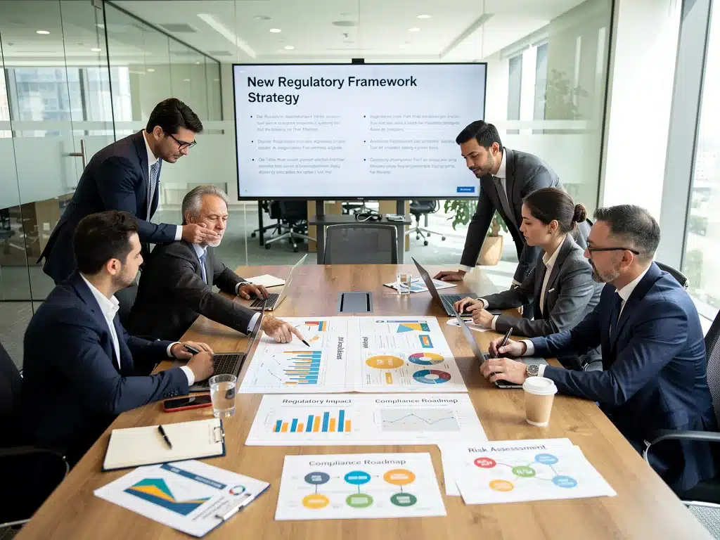 Profesionales de negocios en reunión analizando documentos y gráficos, planificando la adaptación a los nuevos cambios regulatorios.