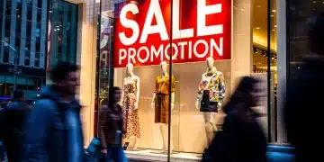 Reporte Exclusivo: 15% Promociones de Moda en EE. UU. Cambiarán Ventana de tienda de moda en Estados Unidos con carteles de promociones y descuentos, reflejando cambios en el mercado.