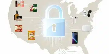Protección de Datos 2026: Muestras Gratuitas en EE. UU. Icono digital de candado sobre un mapa de Estados Unidos, representando la protección de datos en 2026 y su efecto en muestras gratuitas de productos.