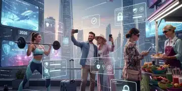 Publicidad Lifestyle 2026: Impacto en EE. UU. Mujeres y hombres disfrutando de actividades de lifestyle con superposiciones digitales que simbolizan las nuevas leyes de publicidad de 2026 en Estados Unidos.