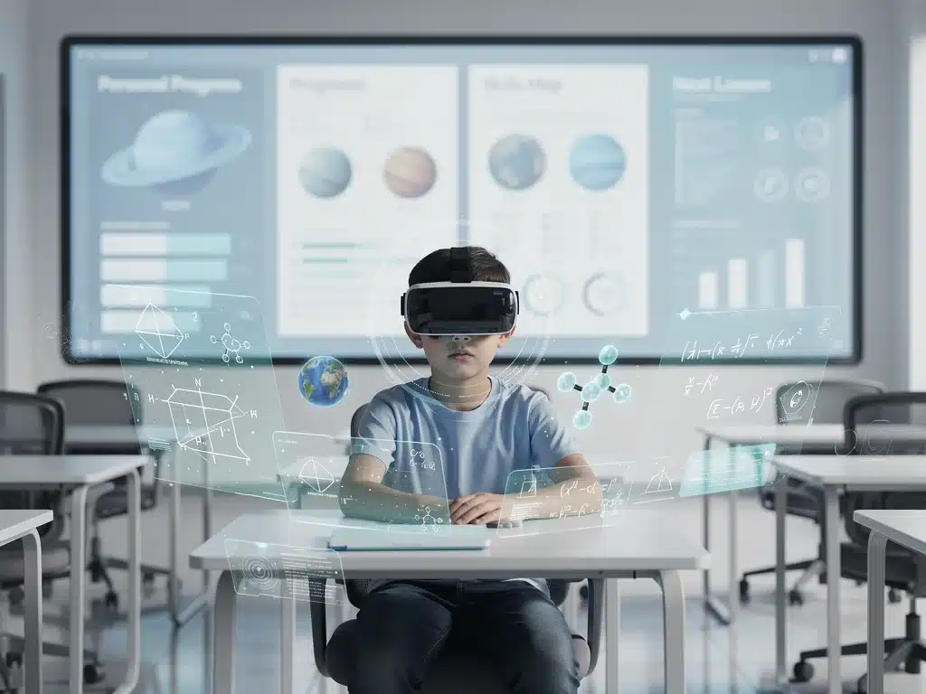Estudiante usando gafas de realidad virtual para una experiencia de aprendizaje inmersiva y personalizada en un entorno digital.