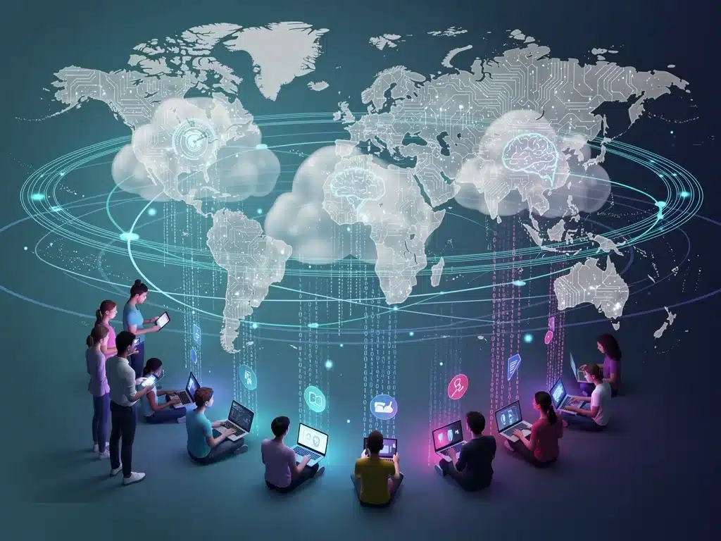 Red global de aprendizaje en línea con dispositivos interconectados y colaboración digital.