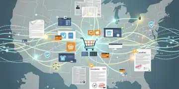 Red digital compleja de comercio electrónico y marketing de afiliados bajo nuevas leyes de 2026 en Estados Unidos.