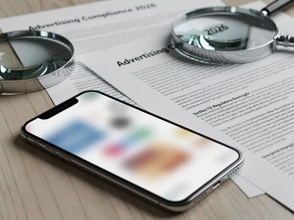 Pantalla de smartphone con publicidad difusa y documentos legales, representando la nueva regulación publicitaria de 2026.