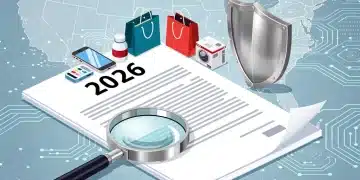 Regulaciones de Pruebas Gratuitas en EE. UU. 2026: Lo Esencial Regulaciones de pruebas gratuitas en Estados Unidos 2026: un documento legal con productos de consumo y un escudo.
