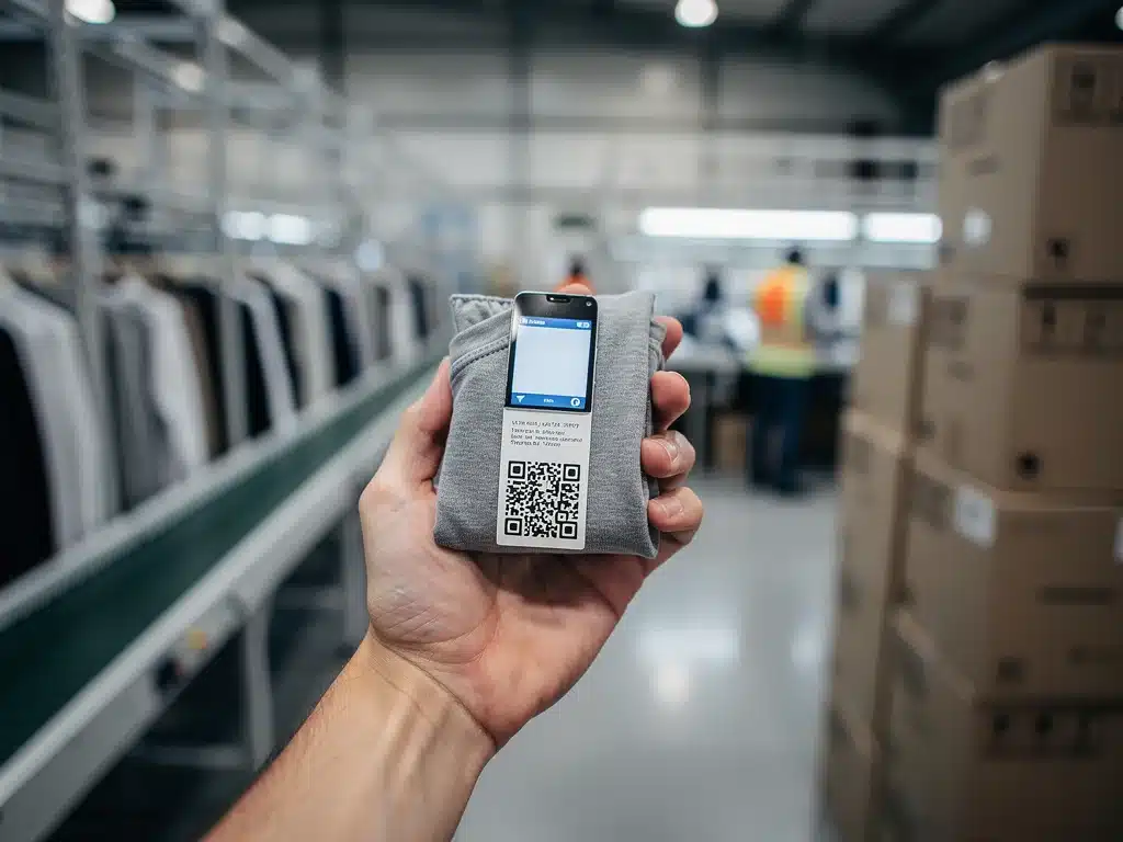 Mano sosteniendo prenda con etiqueta digital, representando el seguimiento de muestras de ropa gratuitas.