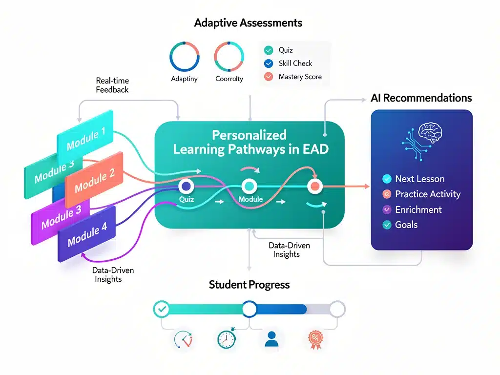 Diagrama de rutas de aprendizaje personalizadas en EAD, destacando la IA y la adaptabilidad.