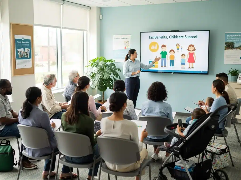 Padres diversos asistiendo a una sesión informativa sobre beneficios fiscales y programas de apoyo al cuidado infantil.