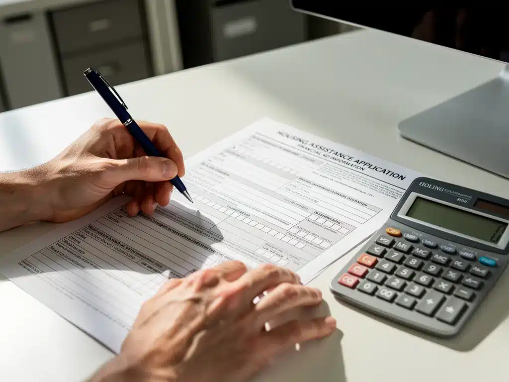Persona llenando formularios de solicitud para programas de asistencia de vivienda.