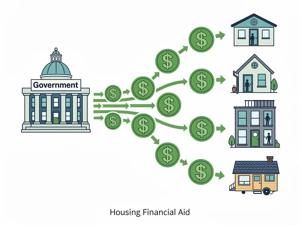Ilustración de flujo de dinero del gobierno hacia viviendas, representando subsidios habitacionales.