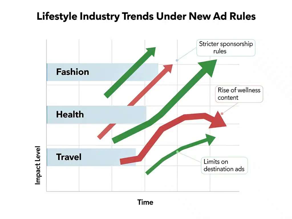 Gráfico mostrando tendencias ascendentes y descendentes en sectores lifestyle, reflejando el impacto de las leyes de publicidad de 2026.