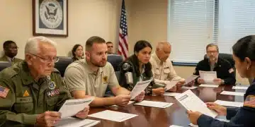 Veteranos discutiendo documentos sobre la actualización de beneficios en una oficina gubernamental para 2026.