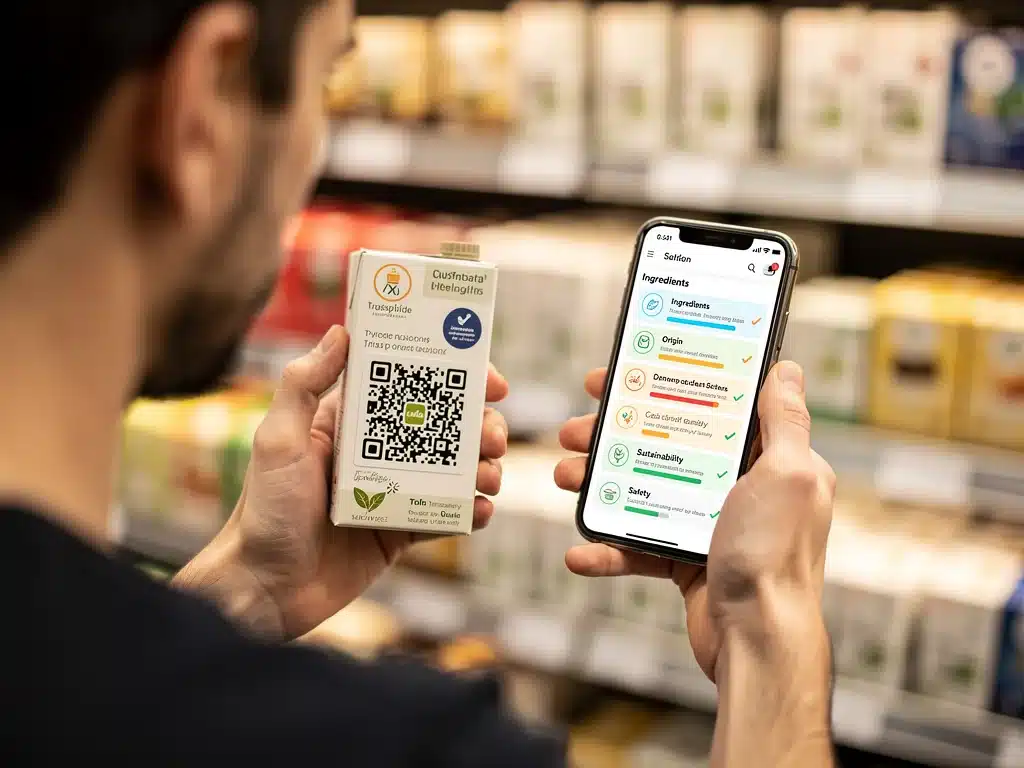 Consumidor escaneando un código QR en un producto para acceder a información detallada y transparente.