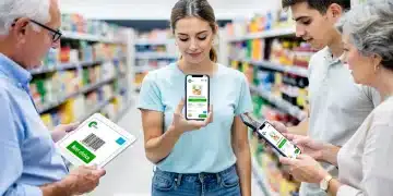 Consumidores usando dispositivos para acceder a información detallada de productos bajo la nueva ley de datos abiertos.