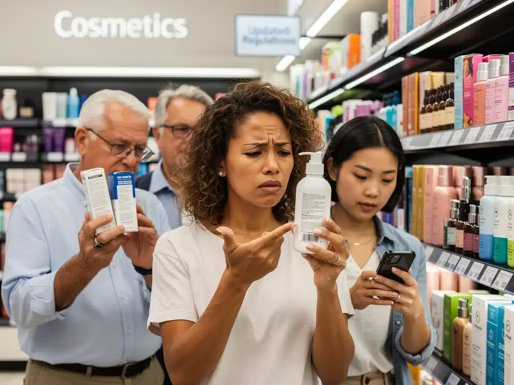 Consumidores revisando etiquetas de cosméticos ante nuevas regulaciones