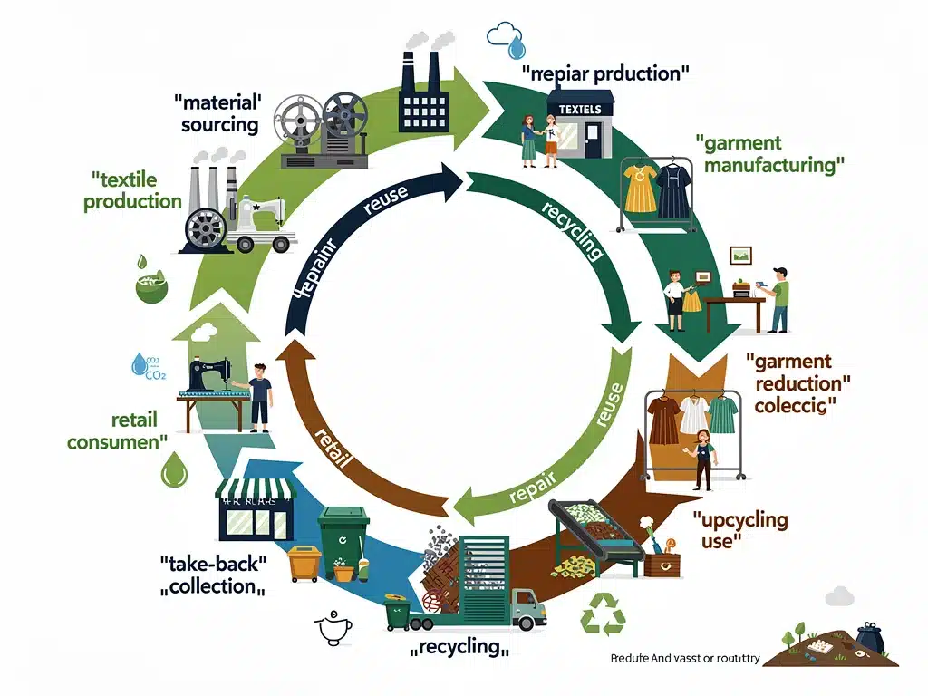 Diagrama detallado del modelo de economía circular aplicado a la industria textil, mostrando el ciclo de vida de los materiales.