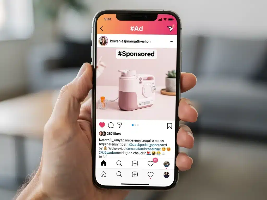 Pantalla de smartphone mostrando una publicación de redes sociales con la etiqueta '#Ad' o '#Patrocinado', ilustrando las nuevas reglas de transparencia.