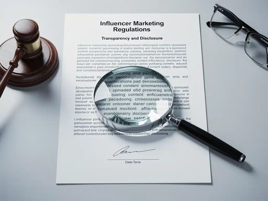 Documento legal o contrato sobre regulaciones de marketing de influencers, con una lupa sobre cláusulas clave, simbolizando el escrutinio legal.