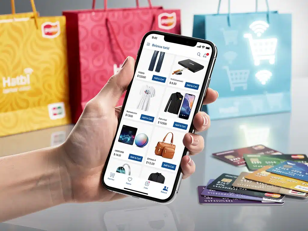 Mano sosteniendo un teléfono con una tienda en línea abierta, rodeada de bolsas de compra y tarjetas de crédito, simbolizando la facilidad de las compras móviles.
