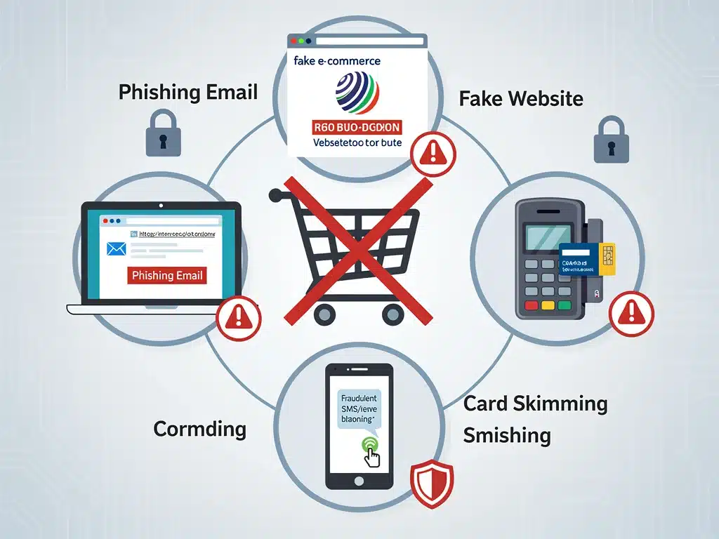Ilustración de diferentes tipos de fraude cibernético afectando las compras en línea.