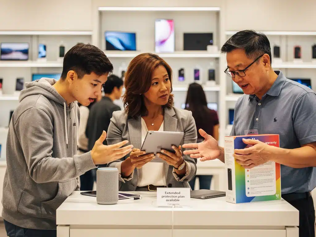 Consumidores revisando información de garantías de productos electrónicos en una tienda.