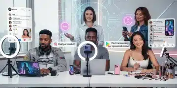 Nuevas Reglas de Transparencia para Influencers en EE. UU. 2026 Influencers de diversas áreas interactuando en redes sociales con símbolos de transparencia, representando las nuevas reglas en EE. UU.