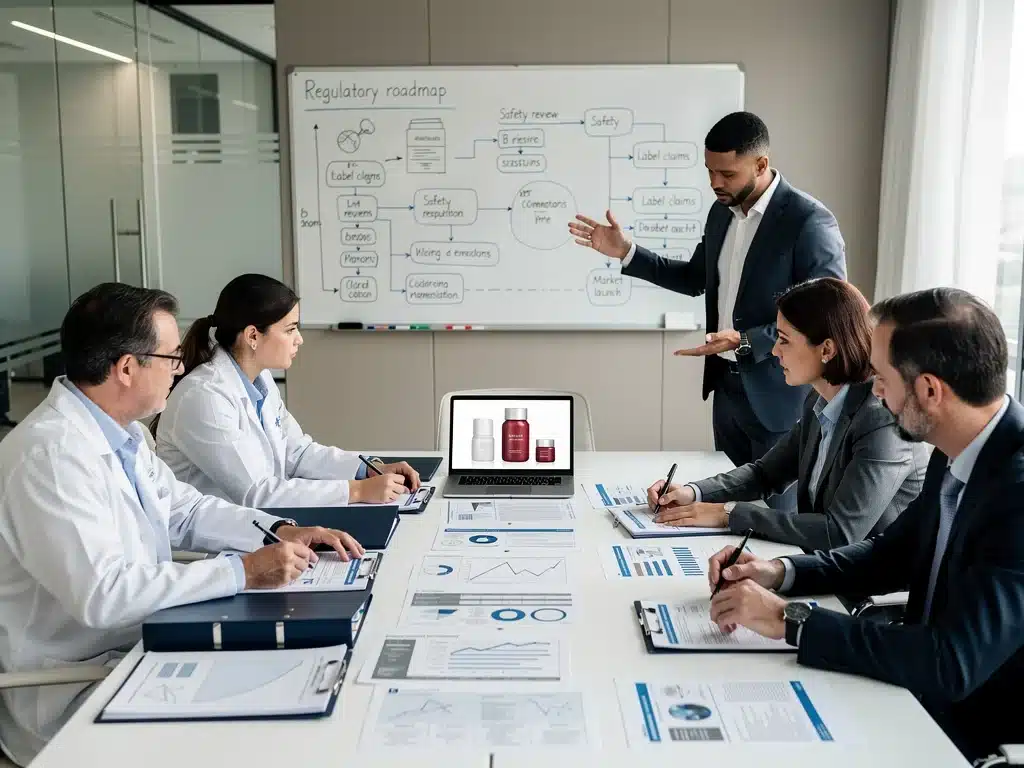 Profesionales de la industria de la belleza en una reunión, analizando los cambios regulatorios y estrategias de cumplimiento.