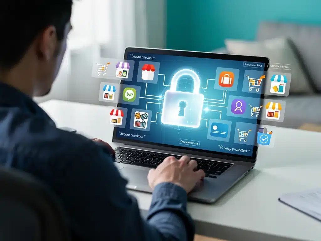 Persona comprando en línea con un candado de seguridad, simbolizando la protección de datos de la nueva ley.