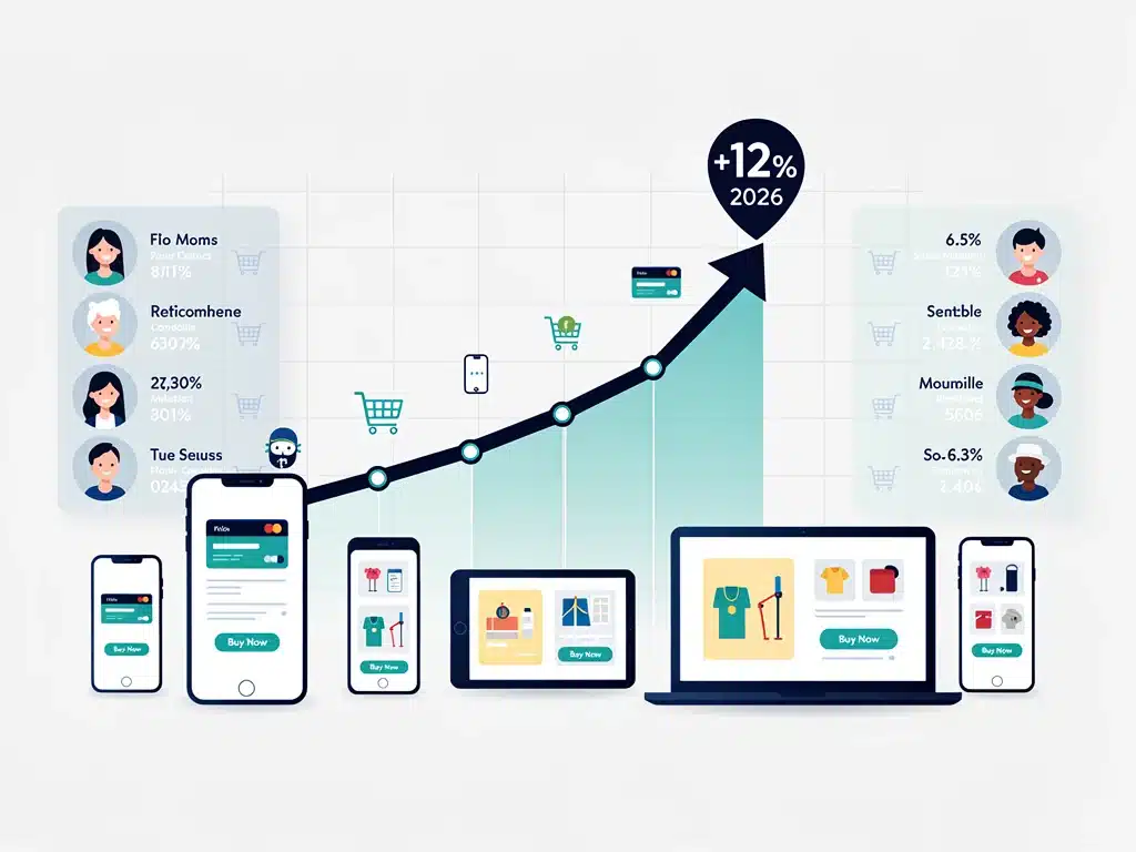 Gráfico de barras ascendente que ilustra el crecimiento del 12% en las compras móviles para el año 2026, con iconos de consumidores y dispositivos móviles.