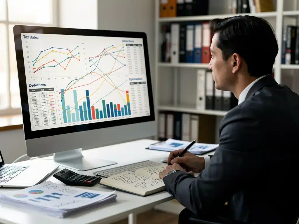 Persona analizando gráficos complejos de tasas impositivas y deducciones para optimizar estrategias fiscales.
