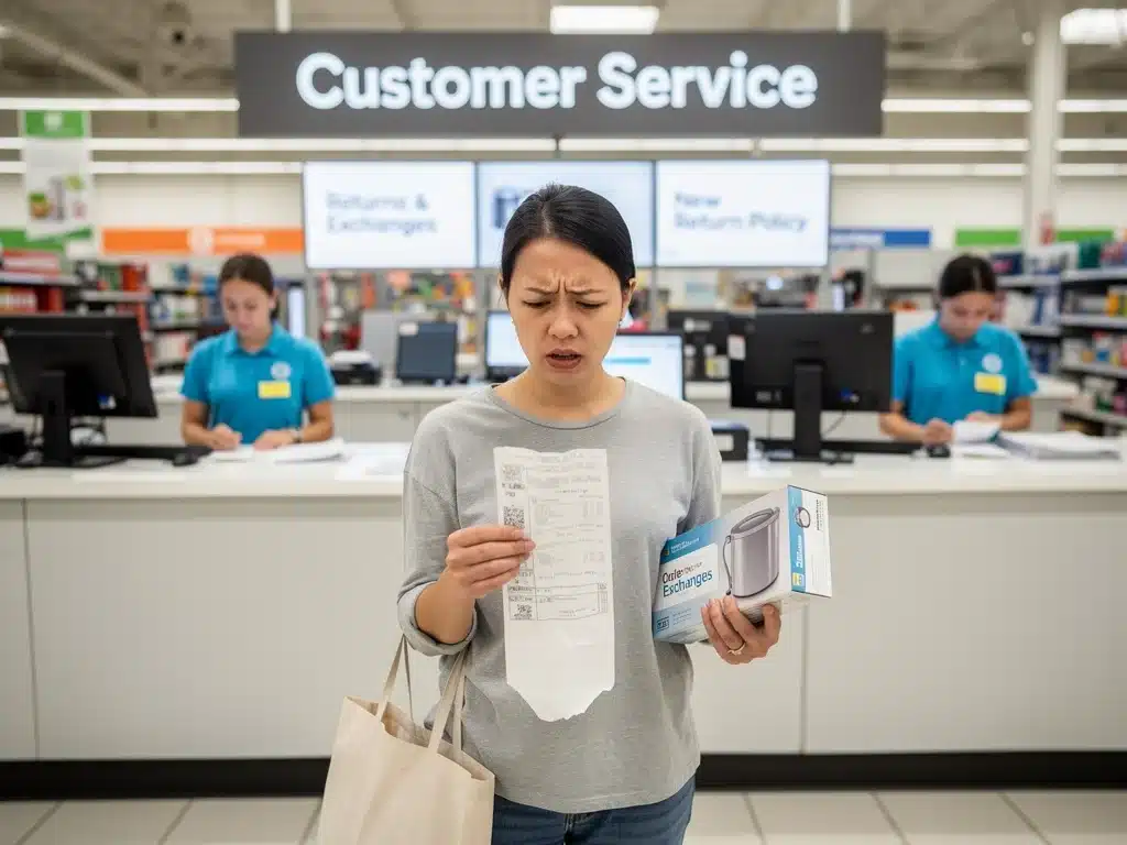 Cliente confundido con un artículo devuelto y un recibo, frente a un mostrador de servicio al cliente en una tienda minorista.