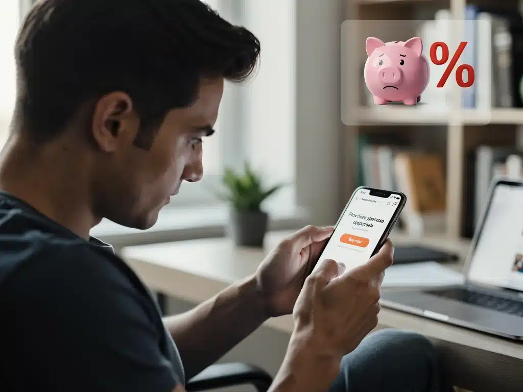 Persona viendo su teléfono, pensando en una compra online, con íconos de ahorro y porcentaje, en un entorno de oficina en casa.