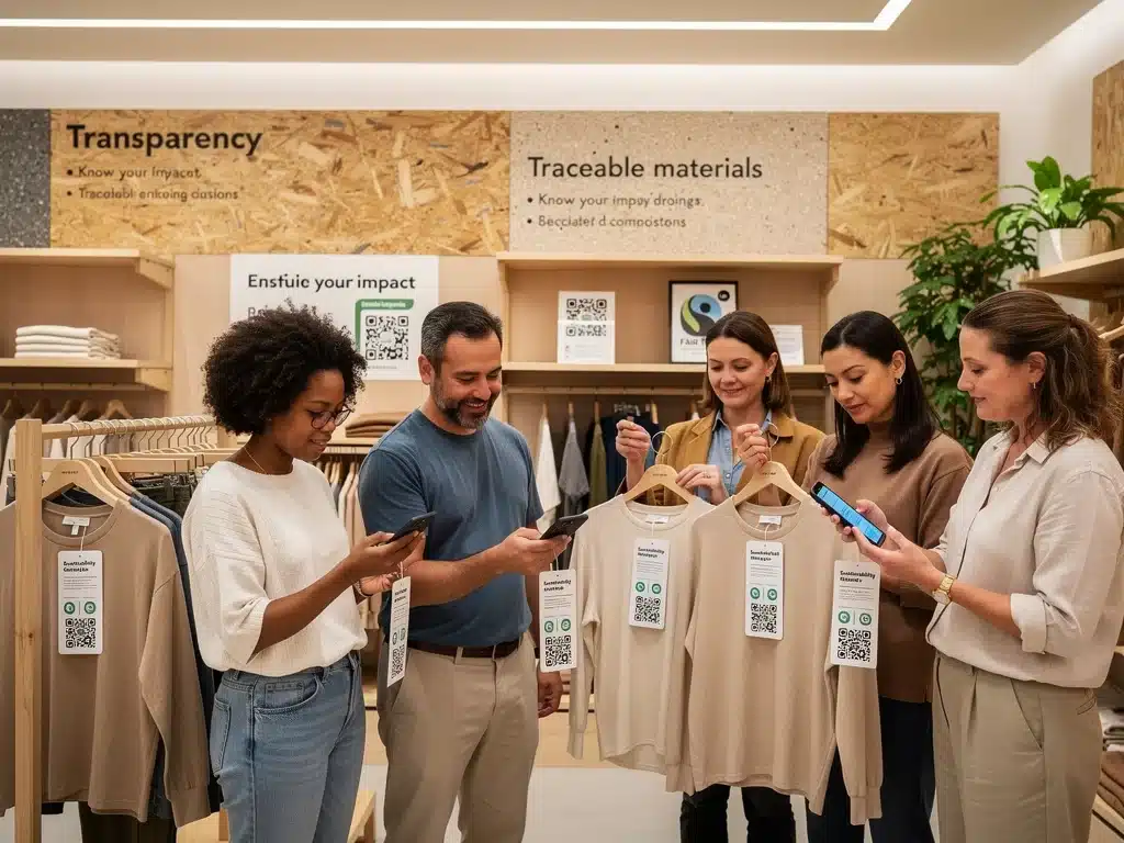 Consumidores revisando etiquetas y composición de prendas antes de tomar una decisión de compra.