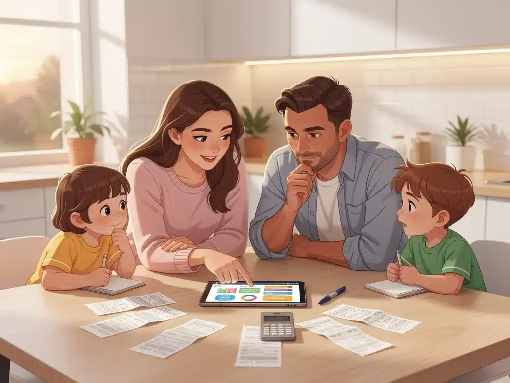 Familia revisando presupuesto y planificando gastos en la mesa de la cocina, ilustrando gestión financiera en tiempos de inflación.