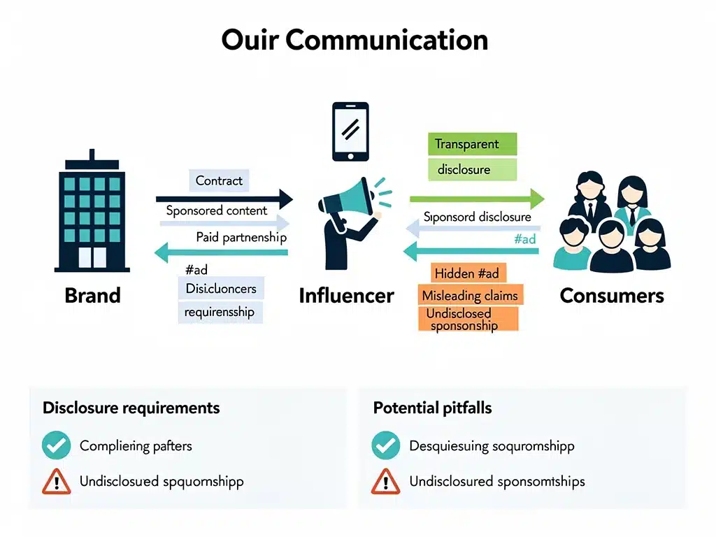 Diagrama sobre divulgación de relaciones comerciales y cumplimiento de las reglas de publicidad de la FTC.
