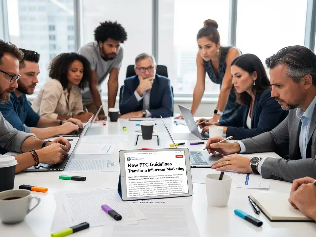 Influencers y marcas revisando normas de transparencia para contenido publicitario en redes sociales.