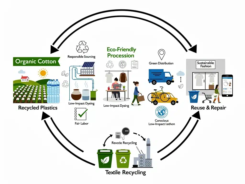 Infografía sobre una cadena de suministro textil con recolección, reutilización, reparación y reciclaje.
