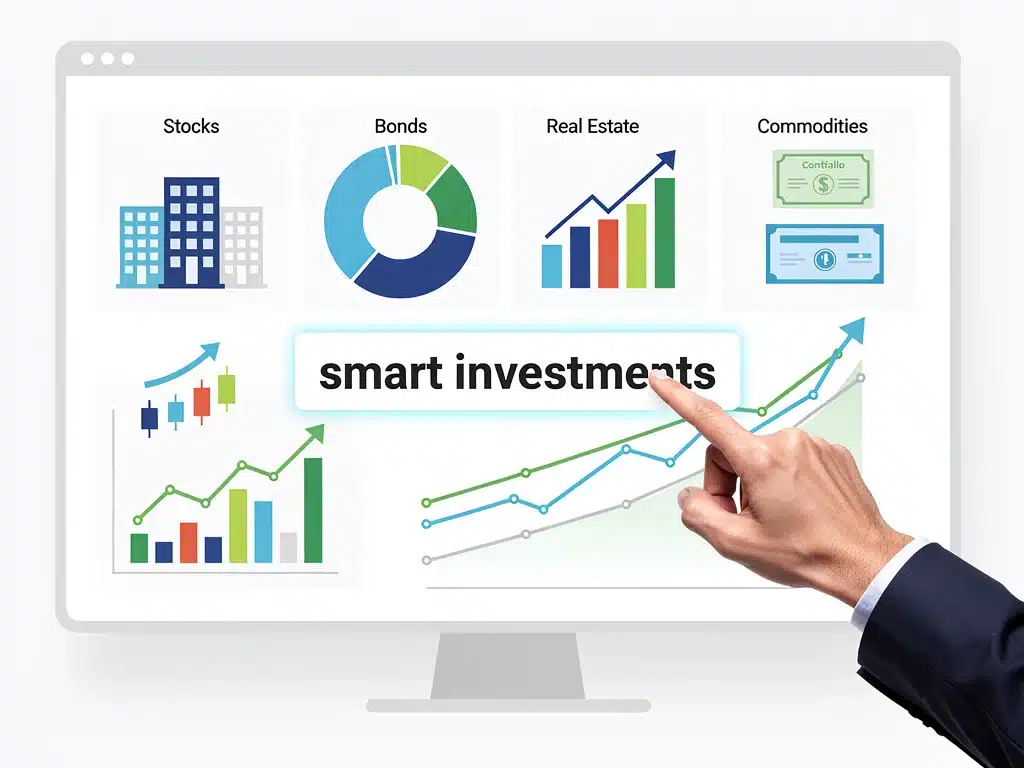 Representación gráfica de un portafolio de inversiones diversificado, con activos como acciones y bienes raíces, simbolizando crecimiento y gestión estratégica de la riqueza.