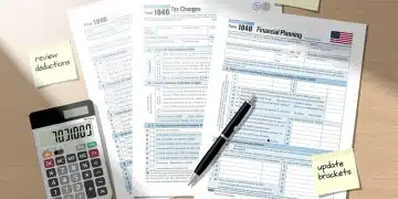 Documentos fiscales, calculadora y pluma en un escritorio, representando la planificación financiera y los próximos cambios fiscales en EE. UU. para 2026.