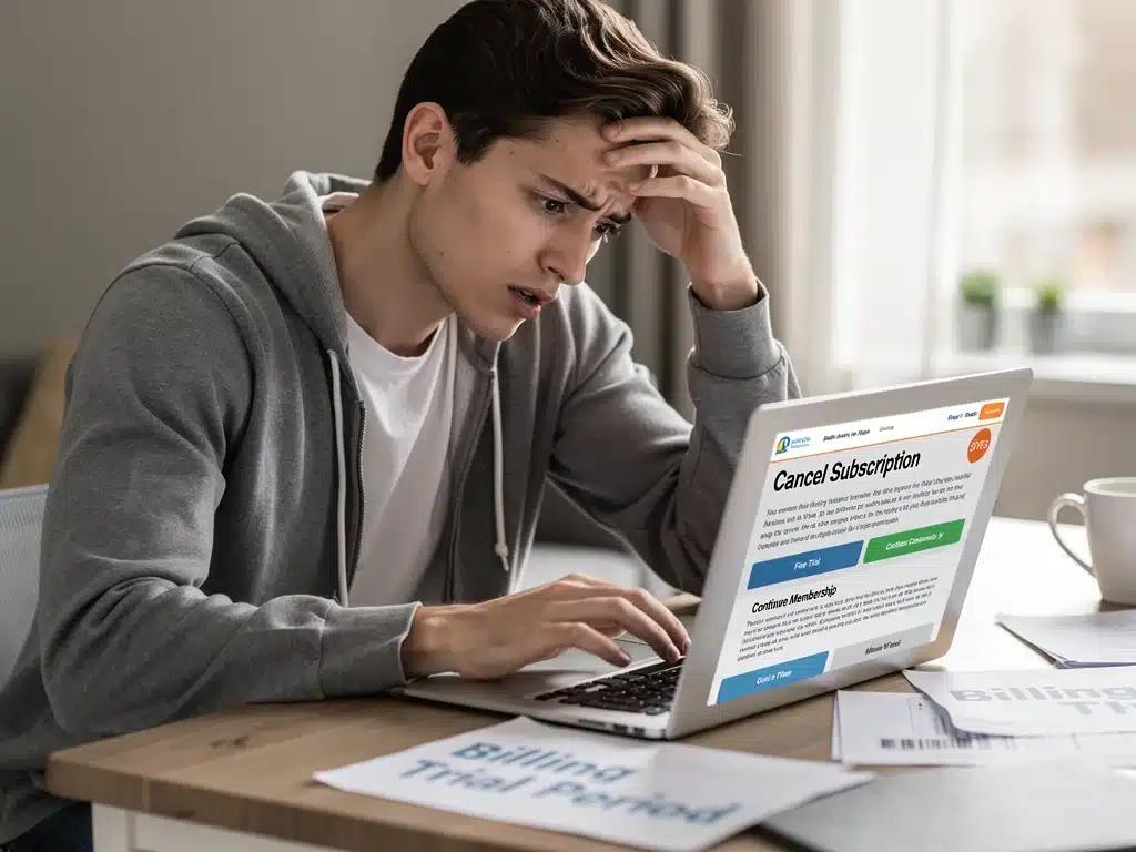 Persona confundida intentando cancelar una suscripción de prueba gratuita en una laptop.