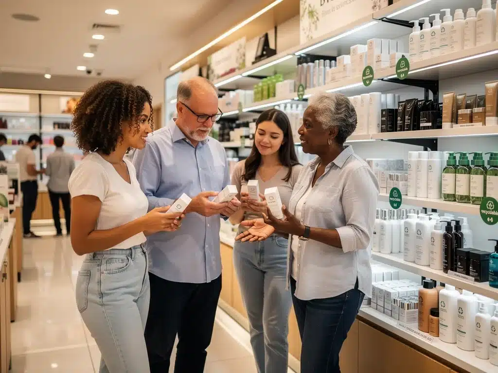 Consumidores informados eligiendo productos de belleza con envases sostenibles.