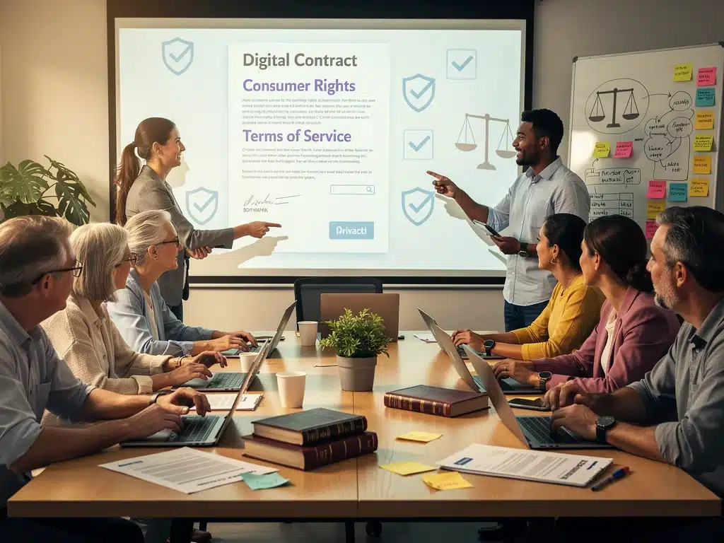 Grupo de personas discutiendo contratos digitales y derechos del consumidor en línea.