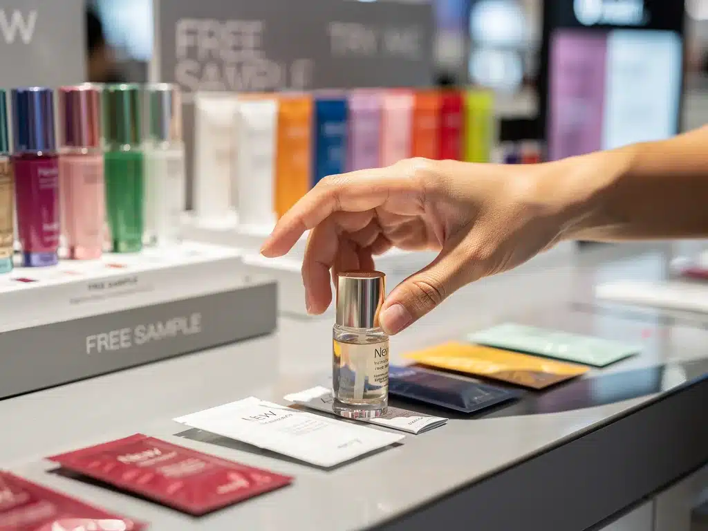 Consumidor interactuando con una muestra gratuita de producto de belleza en una activación promocional.