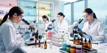 Científicos examinando muestras de productos de salud y belleza en un laboratorio moderno.