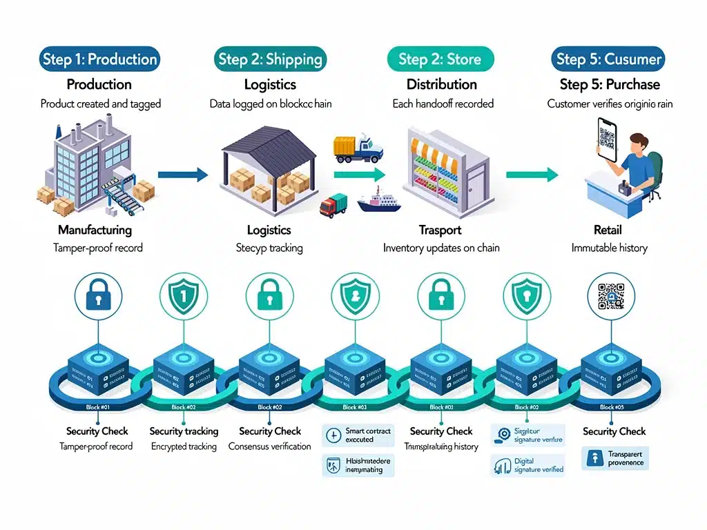 Diagrama del ciclo de vida de un producto utilizando blockchain como apoyo para la trazabilidad.